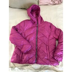 Guess Y2K Purple Puffer Jacket Women's Hooded Quilted Coat‎ Winter Outerwear